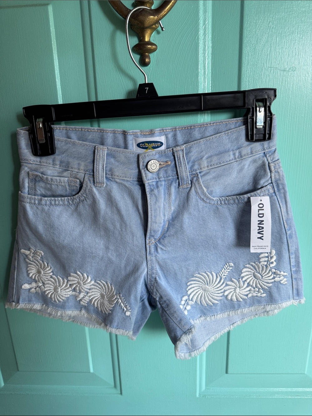 Old Navy Light Blue Denim Shorts with White Floral Embroidery